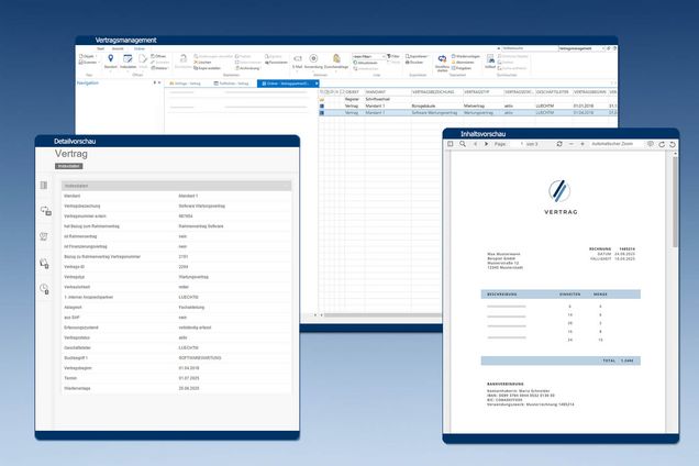 Die Softwarelösung der VRG erleichtert Ihnen und Ihren Mitarbeitern sämtliche Prozesse der Vertragsverwaltung. Screenshot der ECM-Software zur Vertragsverwaltung