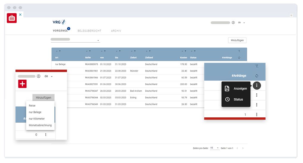VRG Reisekostenabrechnung Software – Digitale Lösung für Unternehmen Screenshot der VRG-Software zur Reisekostenabrechnung mit Benutzeroberfläche